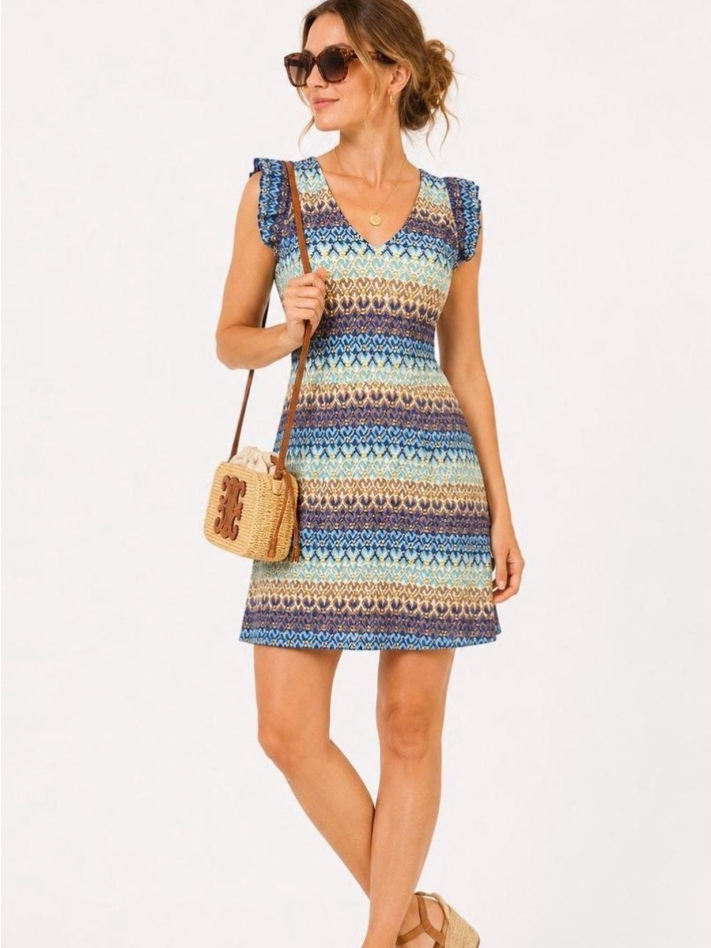 Tabitha Blue Multi-Pattern V-Neck Flutter Sleeve Mini Dress